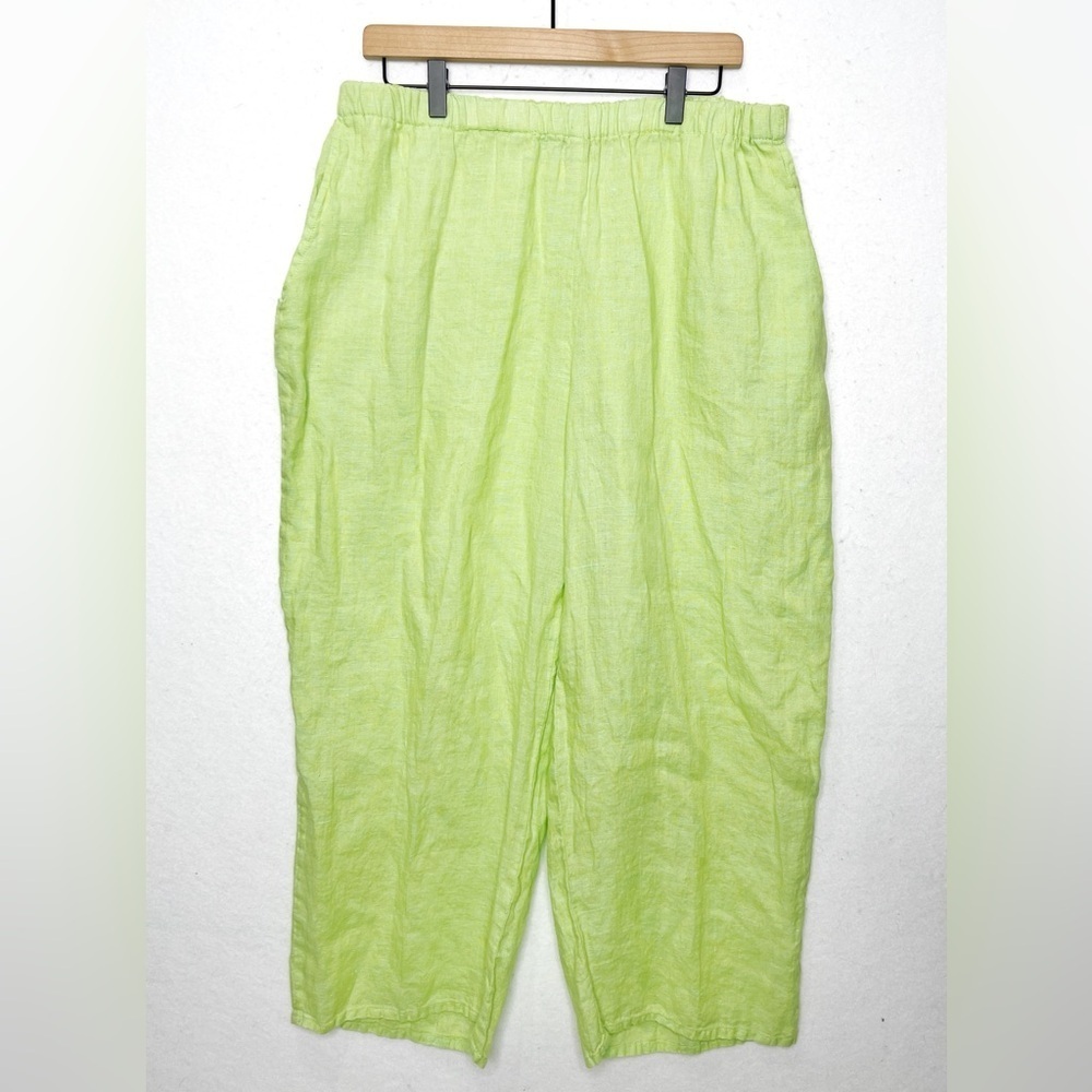 Flax 100% Linen Wide Leg Pull On Elastic Line Green Pants Size Large
